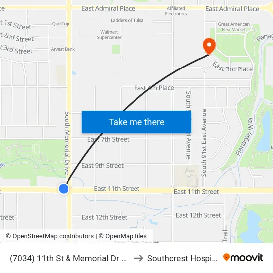 (7034) 11th St & Memorial Dr Wb to Southcrest Hospital map