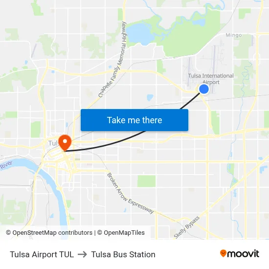 Tulsa Airport TUL to Tulsa Bus Station map