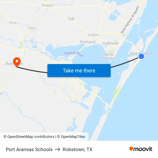 Port Aransas Schools to Robstown, TX map