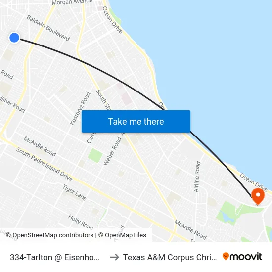 334-Tarlton @ Eisenhower to Texas A&M Corpus Christi map