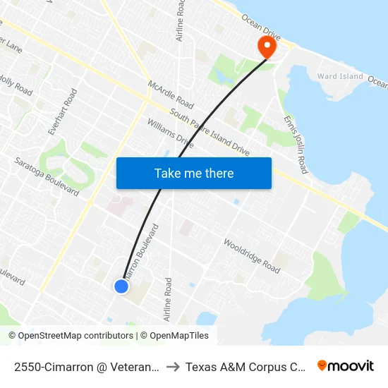 2550-Cimarron @ Veterans Hs to Texas A&M Corpus Christi map