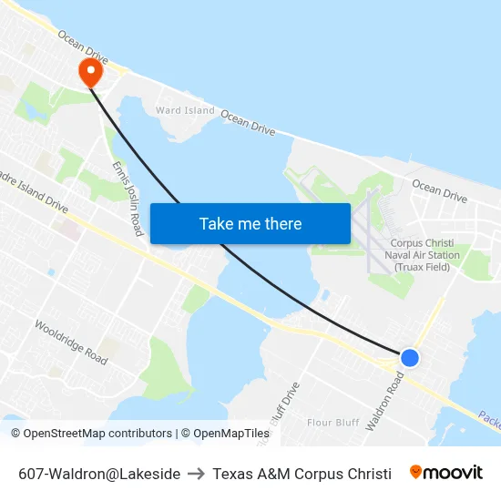 607-Waldron@Lakeside to Texas A&M Corpus Christi map