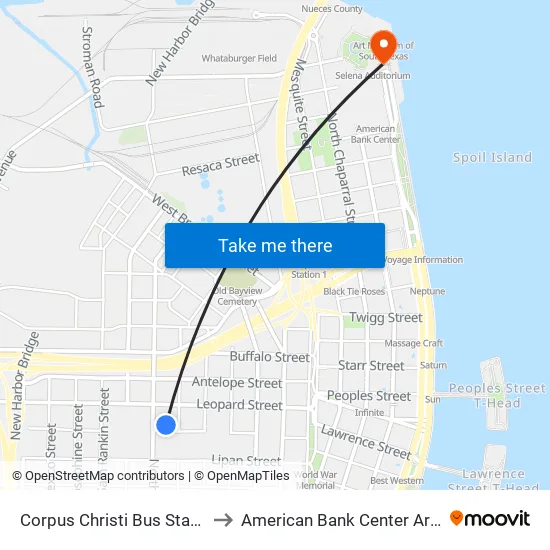 Corpus Christi Bus Station to American Bank Center Arena map