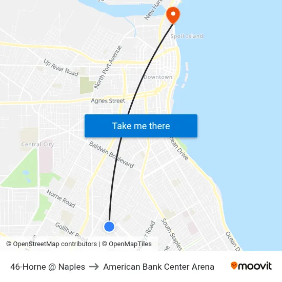 46-Horne  @  Naples to American Bank Center Arena map