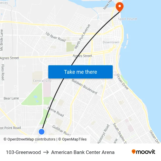 103-Greenwood to American Bank Center Arena map