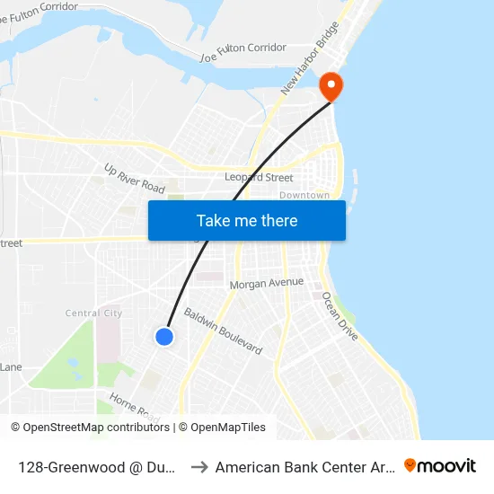 128-Greenwood @ Dunbar to American Bank Center Arena map