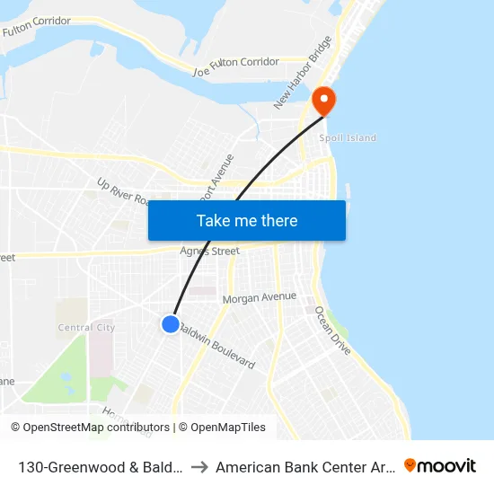 130-Greenwood & Baldwin to American Bank Center Arena map