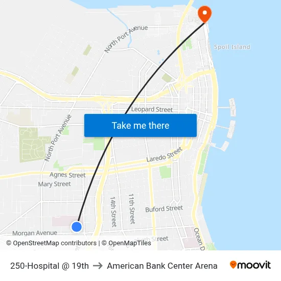 250-Hospital  @  19th to American Bank Center Arena map