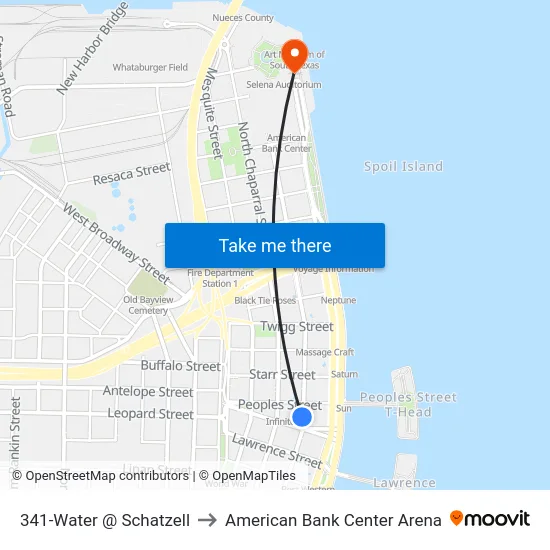 341-Water @ Schatzell to American Bank Center Arena map