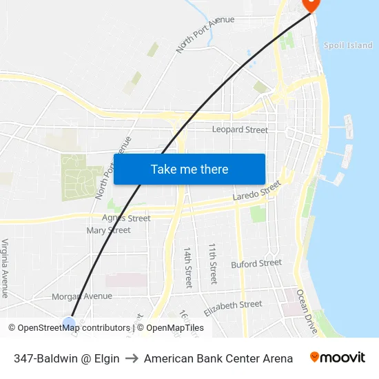 347-Baldwin @ Elgin to American Bank Center Arena map