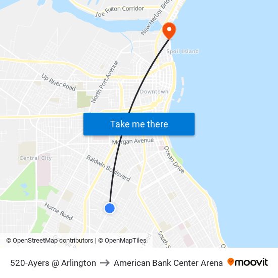 520-Ayers @ Arlington to American Bank Center Arena map