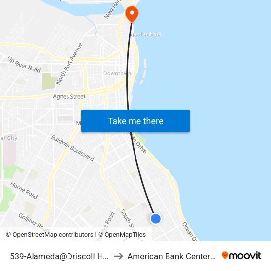 539-Alameda@Driscoll Hospital to American Bank Center Arena map
