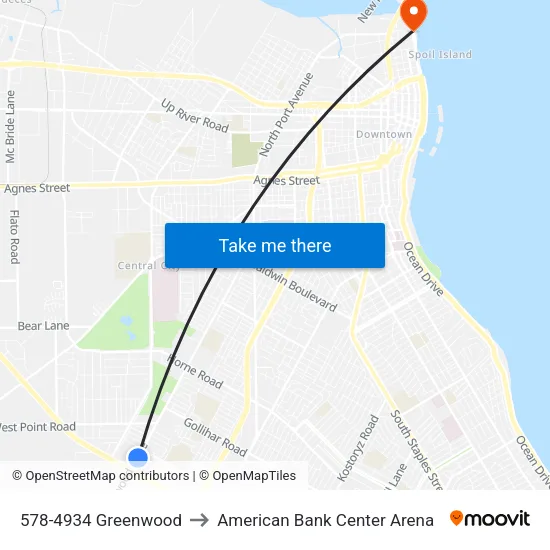 578-4934 Greenwood to American Bank Center Arena map