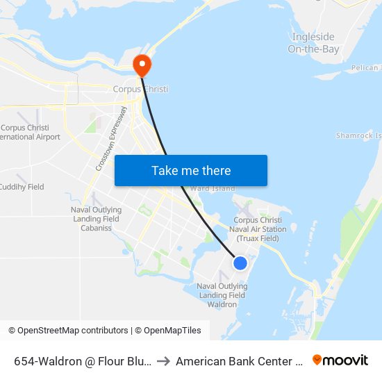 654-Waldron @ Flour Bluff Isd to American Bank Center Arena map