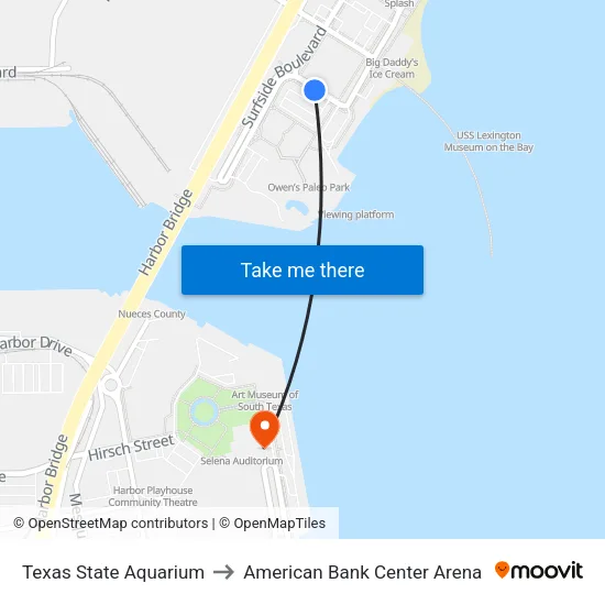 Texas State Aquarium to American Bank Center Arena map