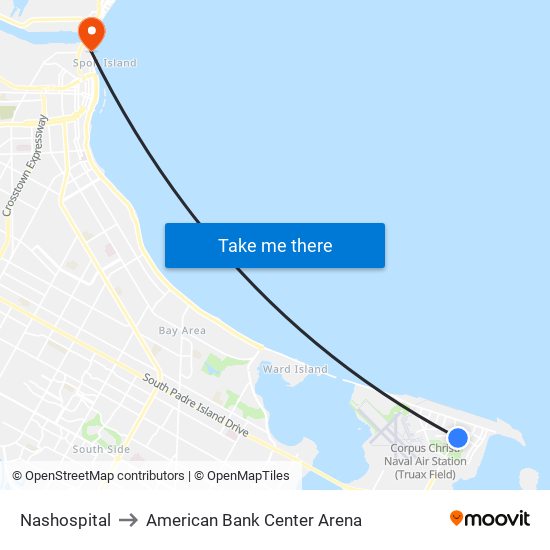 Nashospital to American Bank Center Arena map