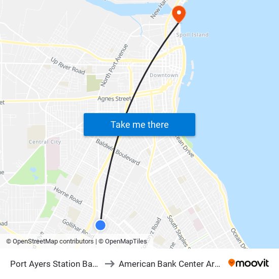 Port Ayers Station Bay K to American Bank Center Arena map