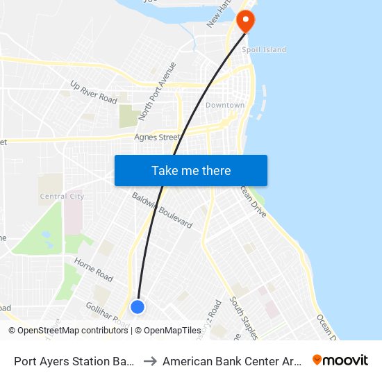 Port Ayers Station Bay D to American Bank Center Arena map