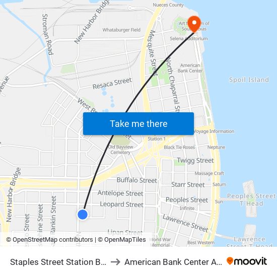 Staples Street Station Bay B to American Bank Center Arena map