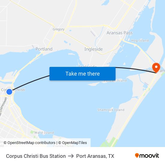 Corpus Christi Bus Station to Port Aransas, TX map