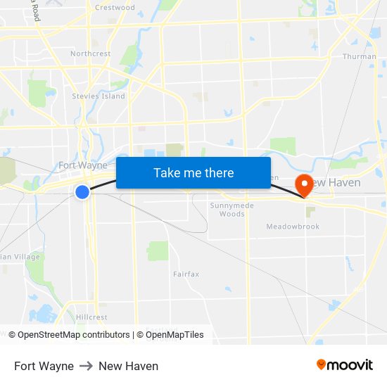 Fort Wayne to New Haven map