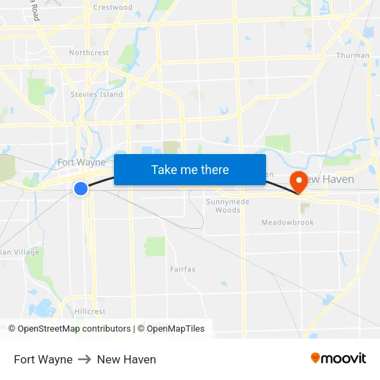 Fort Wayne to New Haven map