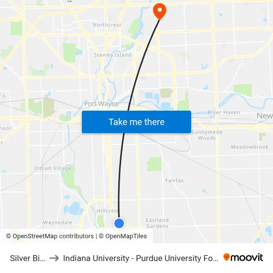 Silver Birch to Indiana University - Purdue University Fort Wayne map
