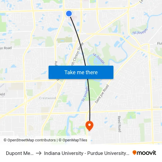 Dupont Medical to Indiana University - Purdue University Fort Wayne map
