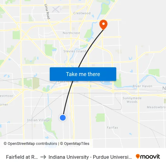 Fairfield at Rudisill to Indiana University - Purdue University Fort Wayne map