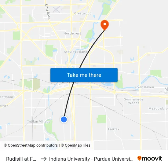 Rudisill at Fairfield to Indiana University - Purdue University Fort Wayne map