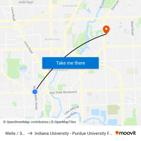 Wells / State to Indiana University - Purdue University Fort Wayne map