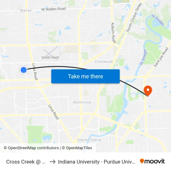Cross Creek @ Kelsey Ct. to Indiana University - Purdue University Fort Wayne map