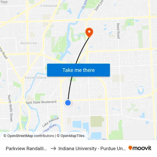 Parkview Randallia (Outbound) to Indiana University - Purdue University Fort Wayne map