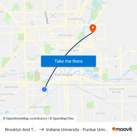 Brooklyn And Taylor (Sb) to Indiana University - Purdue University Fort Wayne map