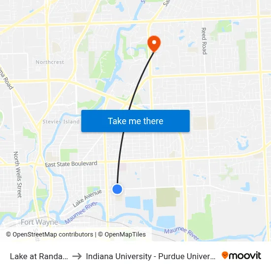 Lake at Randallia (Eb) to Indiana University - Purdue University Fort Wayne map