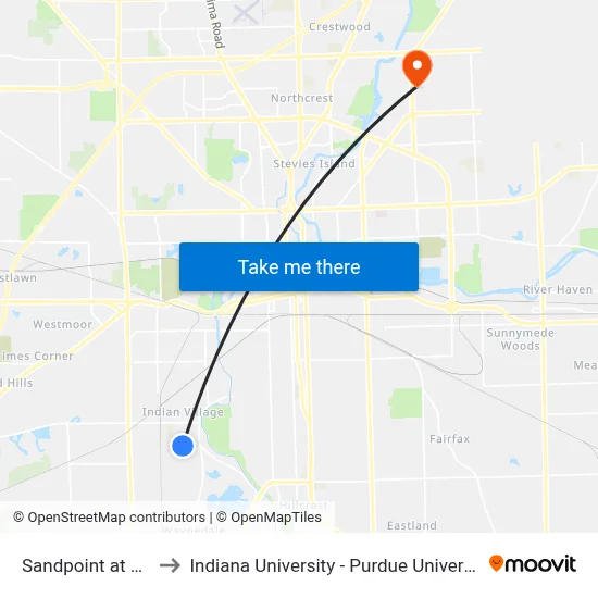 Sandpoint at Allegany to Indiana University - Purdue University Fort Wayne map