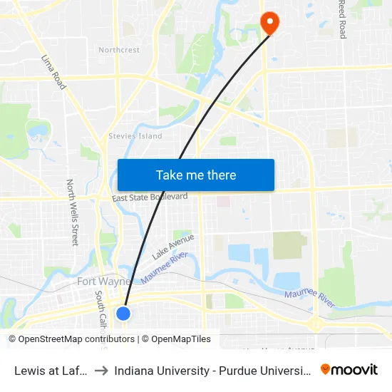 Lewis at Lafayette to Indiana University - Purdue University Fort Wayne map