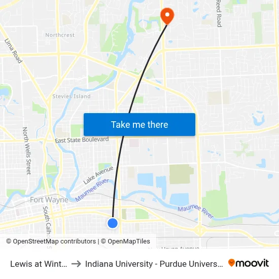 Lewis at Winter (Eb) to Indiana University - Purdue University Fort Wayne map