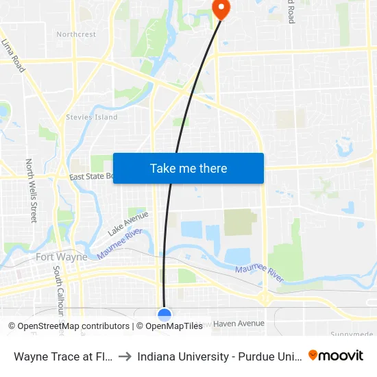 Wayne Trace at Fletcher (Wb) to Indiana University - Purdue University Fort Wayne map