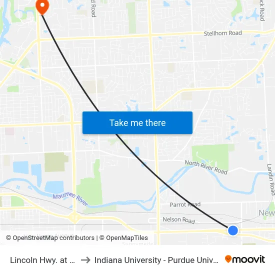 Lincoln Hwy. at Halls Sign to Indiana University - Purdue University Fort Wayne map