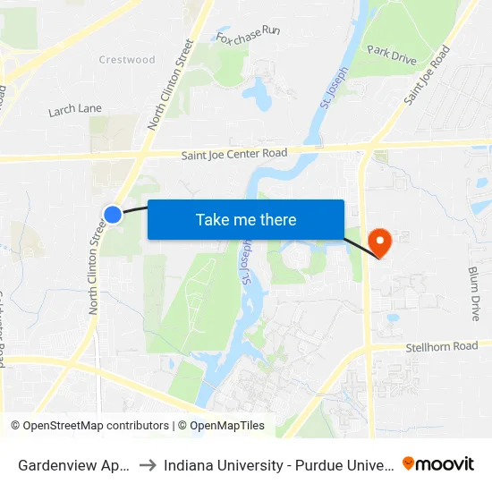 Gardenview Apartments to Indiana University - Purdue University Fort Wayne map