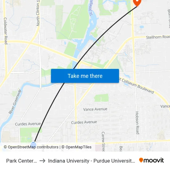 Park Center (Wb) to Indiana University - Purdue University Fort Wayne map