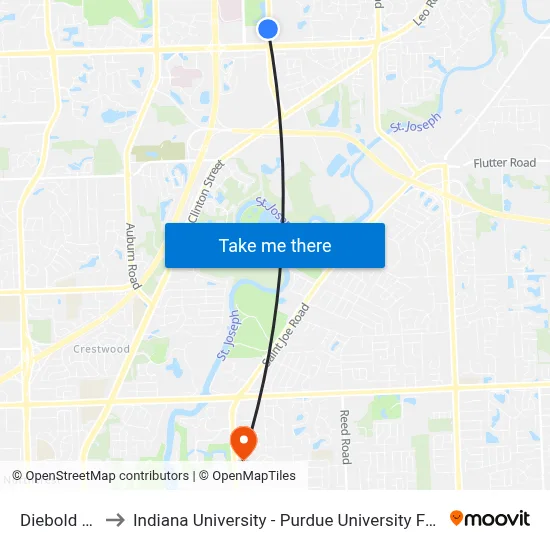 Diebold (Sb) to Indiana University - Purdue University Fort Wayne map