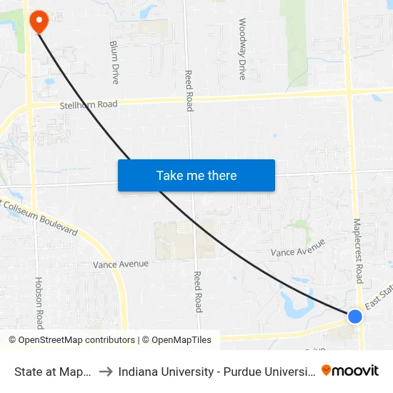 State at Maplecrest to Indiana University - Purdue University Fort Wayne map
