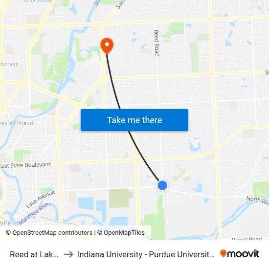 Reed at Lake (Sb) to Indiana University - Purdue University Fort Wayne map