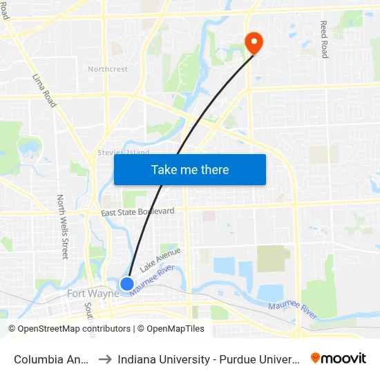 Columbia And Lafort to Indiana University - Purdue University Fort Wayne map