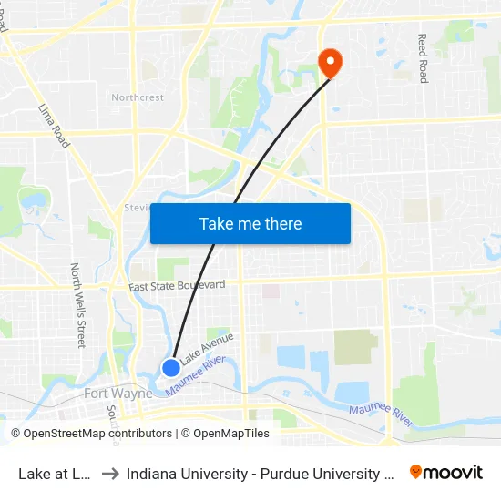 Lake at Loree to Indiana University - Purdue University Fort Wayne map
