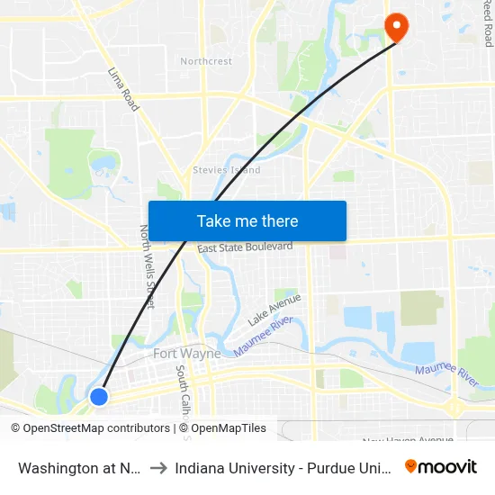 Washington at Nelson (Wb) to Indiana University - Purdue University Fort Wayne map