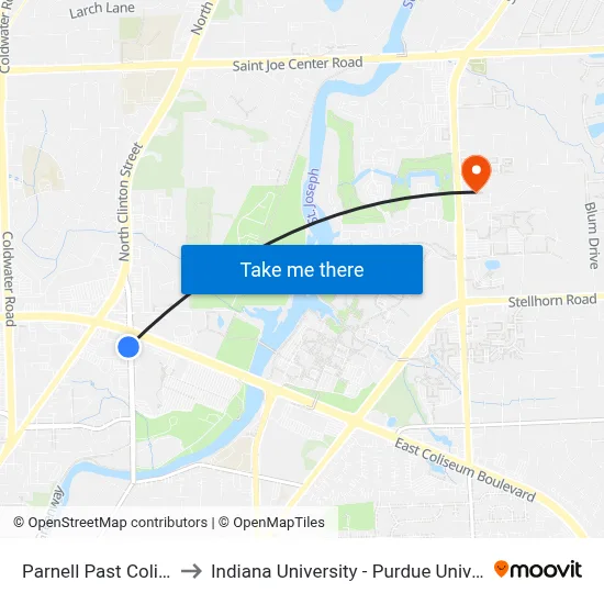 Parnell Past Coliseum (Sb) to Indiana University - Purdue University Fort Wayne map