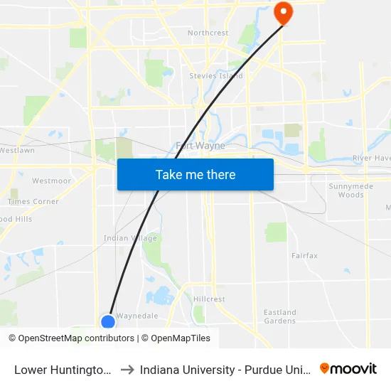 Lower Huntington at Kumfer to Indiana University - Purdue University Fort Wayne map
